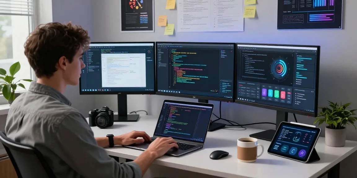 Workspace showcasing AI automation technology with a developer coding on multiple screens in a modern office.