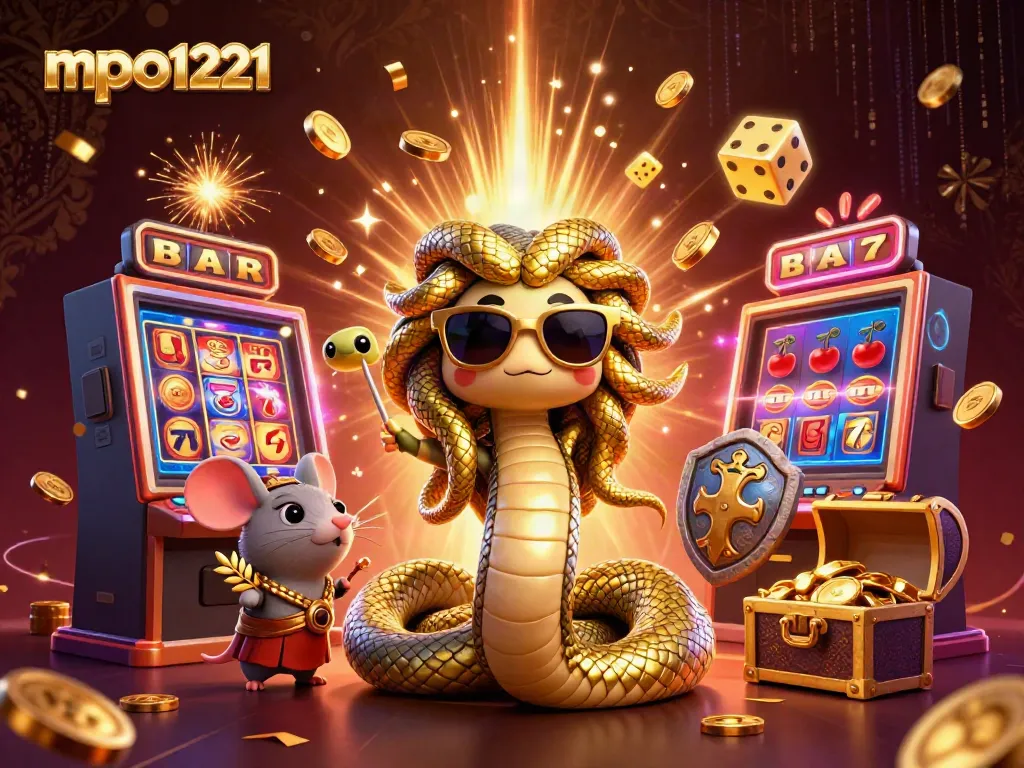 Experience the excitement of mpo1221 with a vibrant casino-themed illustration featuring dynamic symbols and characters.