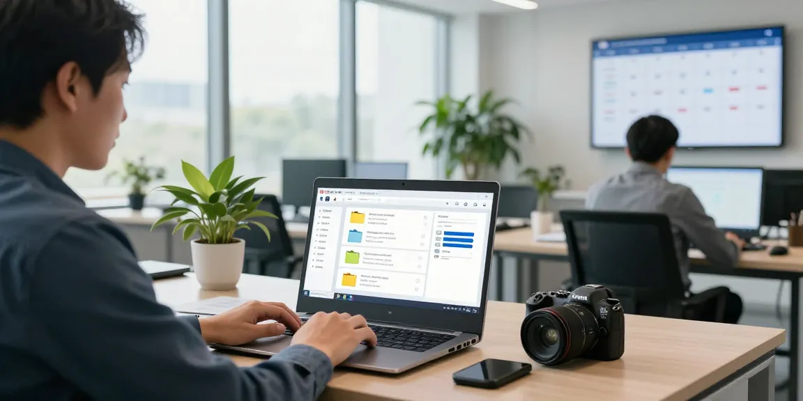 Modern office scene showing the rtps 4 platform for public services in use, highlighting digital applications and a collaborative environment.