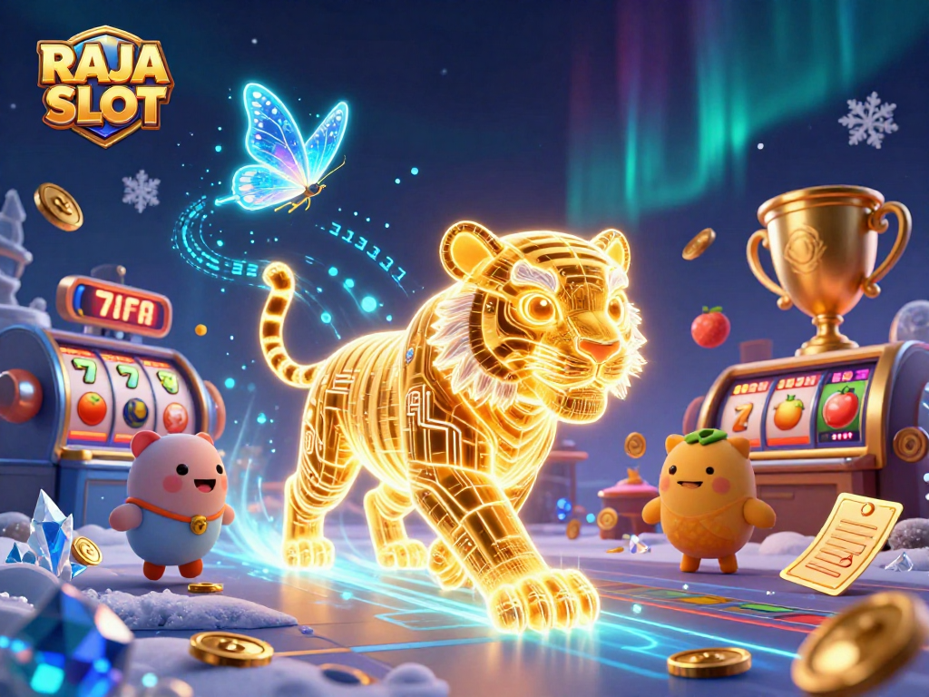 RAJA SLOT memainkan kemenangan dalam ilustrasi kasino digital yang penuh warna.