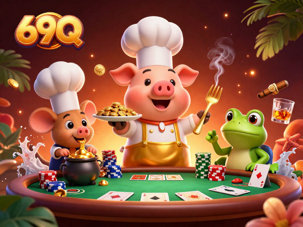 Vivencie a emoção do jogo com 69Q enquanto personagens 3D se divertem em um cassino vibrante.