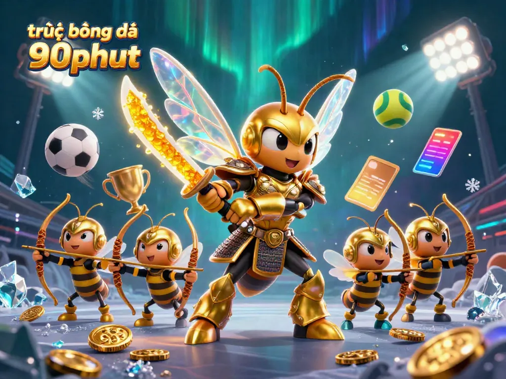 Engage with the vibrant scene of trực tiếp bóng đá 90phut featuring dynamic sports elements and a golden hornet warrior.