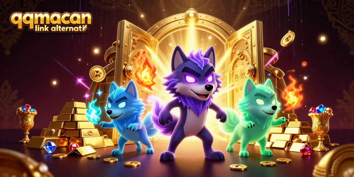 Experience the thrill of qqmacan link alternatif with luminous wolves amidst a treasure-filled casino landscape.
