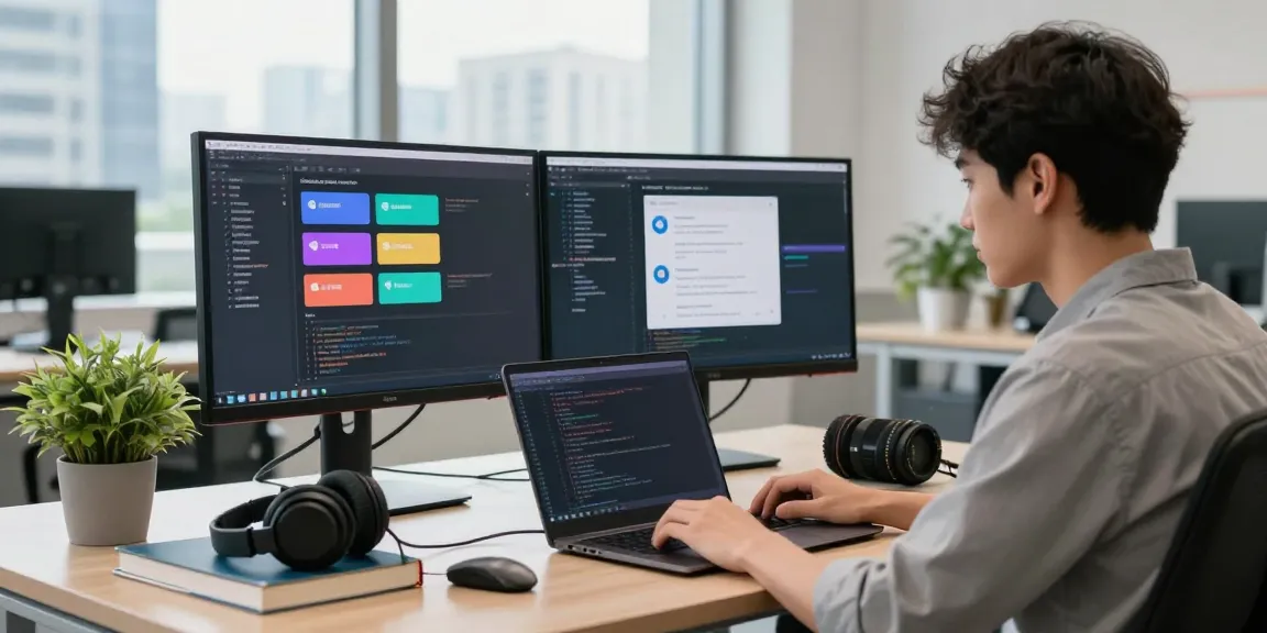 Dynamic workspace showcasing a developer coding Telegram's 纸飞机中文版 features with modern tech elements.