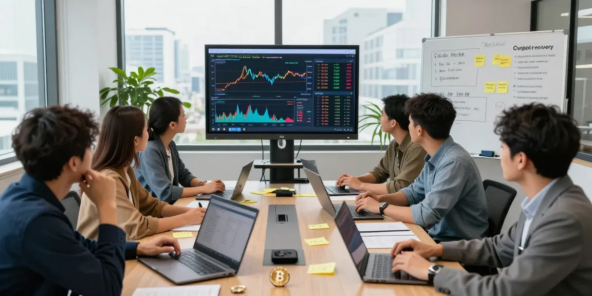Team collaborating to recover lost crypto assets in a modern office, showcasing strategies and analytics.