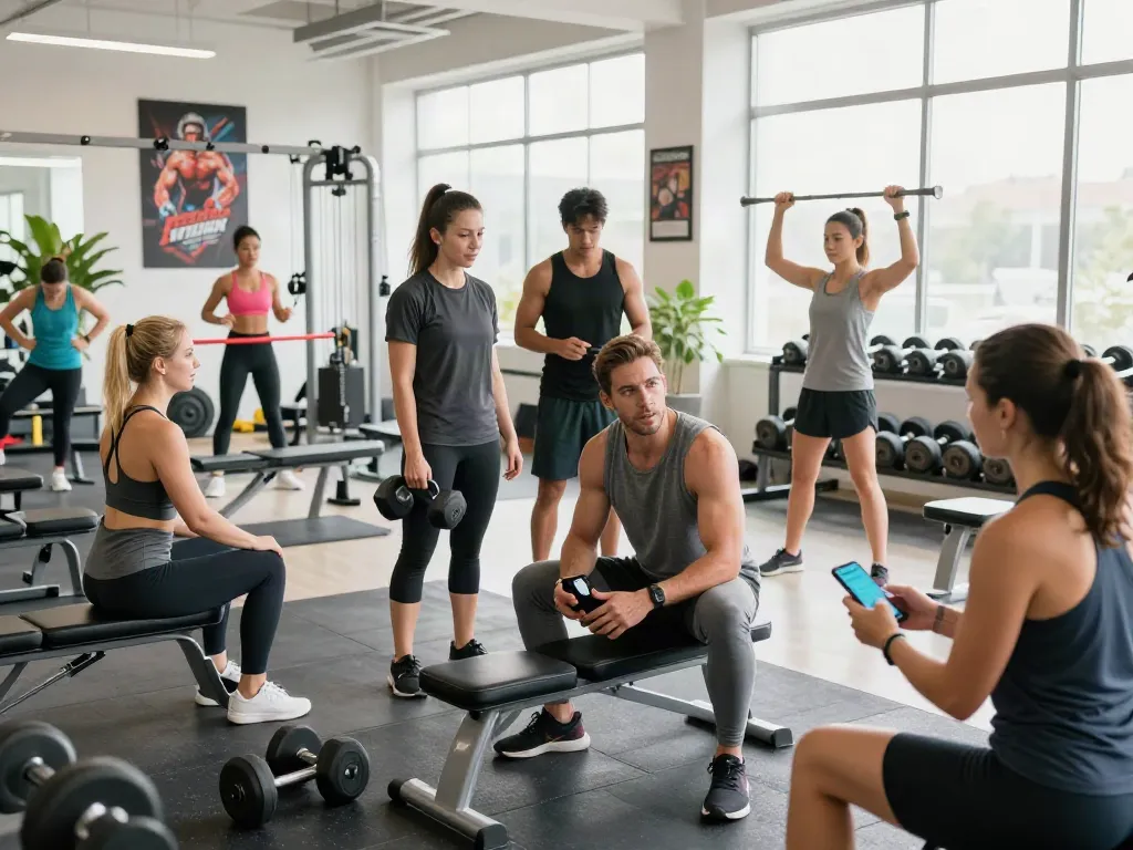 Active individuals in a vibrant gym environment discussing fitness goals while using steroidi online safely to enhance their performance.