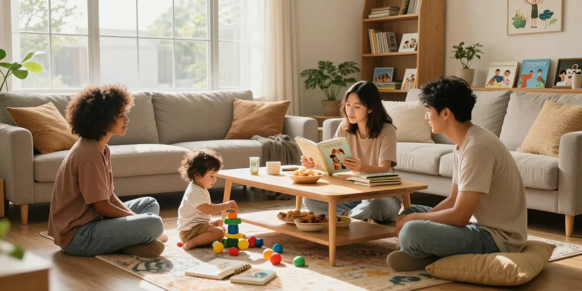 Engaging family time in a cozy living room discussing rokok88 parenting tips.