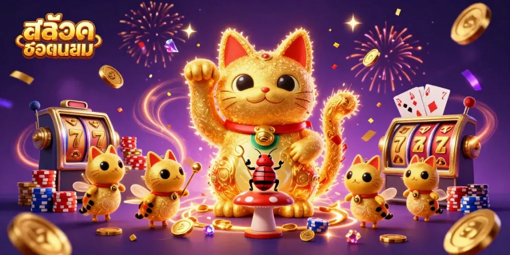Experience สล็อตยอดนิยม with a giant lucky cat and vibrant casino elements in a dazzling scene.