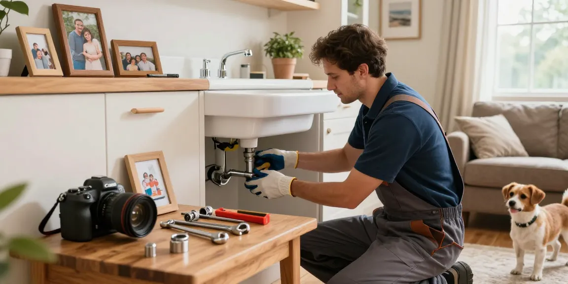 Reliable plumbing services Northampton showcased by a professional plumber fixing a kitchen sink in a warm, family-oriented home.