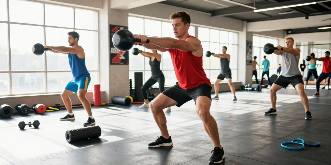 Athletic man training at Driada Shop gym, performing kettlebell swings in a vibrant, energetic environment.