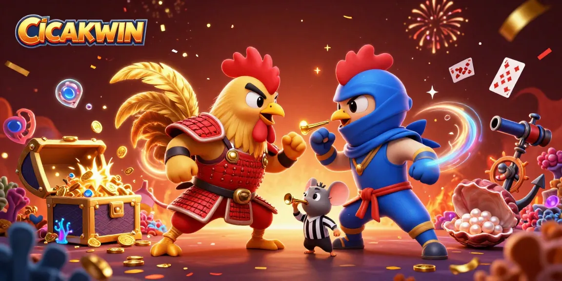 CICAKWIN showcases an epic standoff between fighting roosters amidst casino elements and treasures.