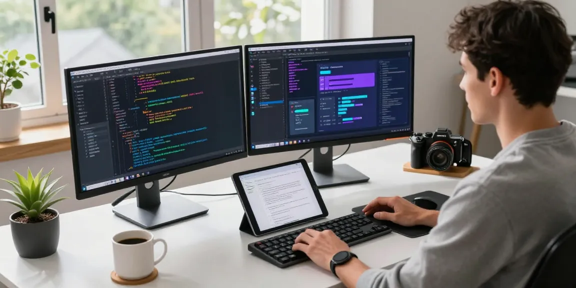 Developer coding on dual monitors, showcasing 纸飞机中文版 features in a modern tech workspace.