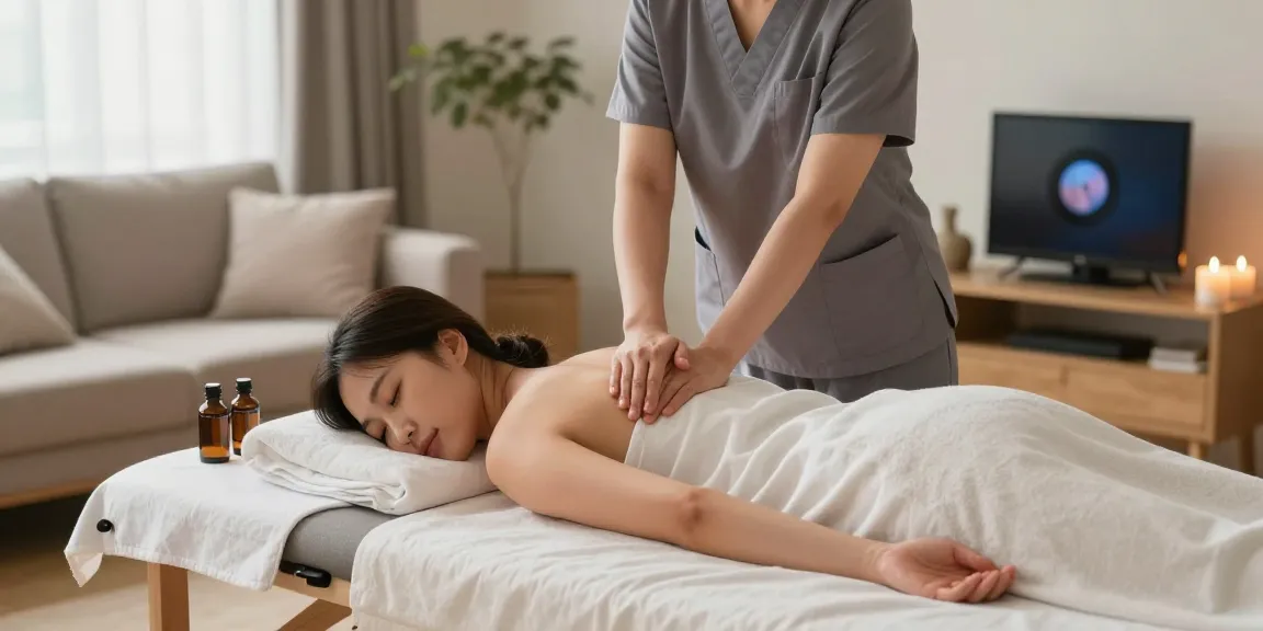파주출장마사지 전문 한국인 관리사가 아늑한 거실에서 편안한 마사지를 제공하는 모습