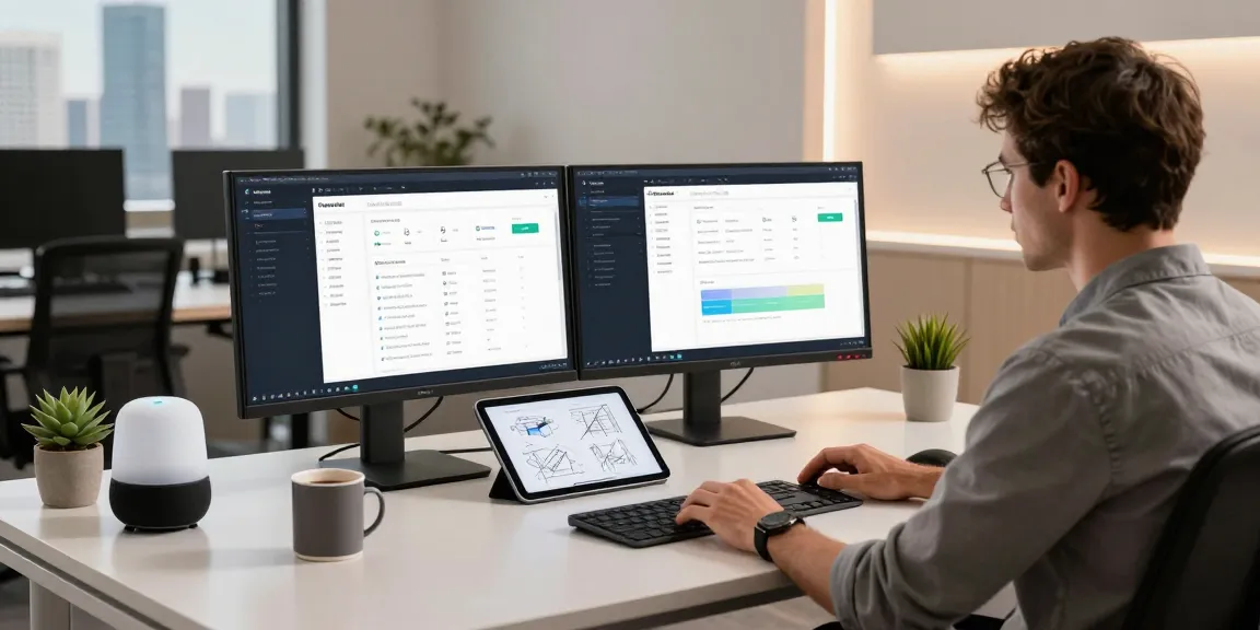 Developer utilizing OpenClaw in a modern tech workspace, showcasing dual monitors and a creative setup.