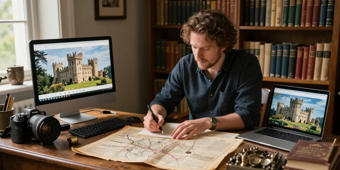Engaging historical blog workspace highlighting the legacy of https://tyntescastle.com with texts and artifacts.