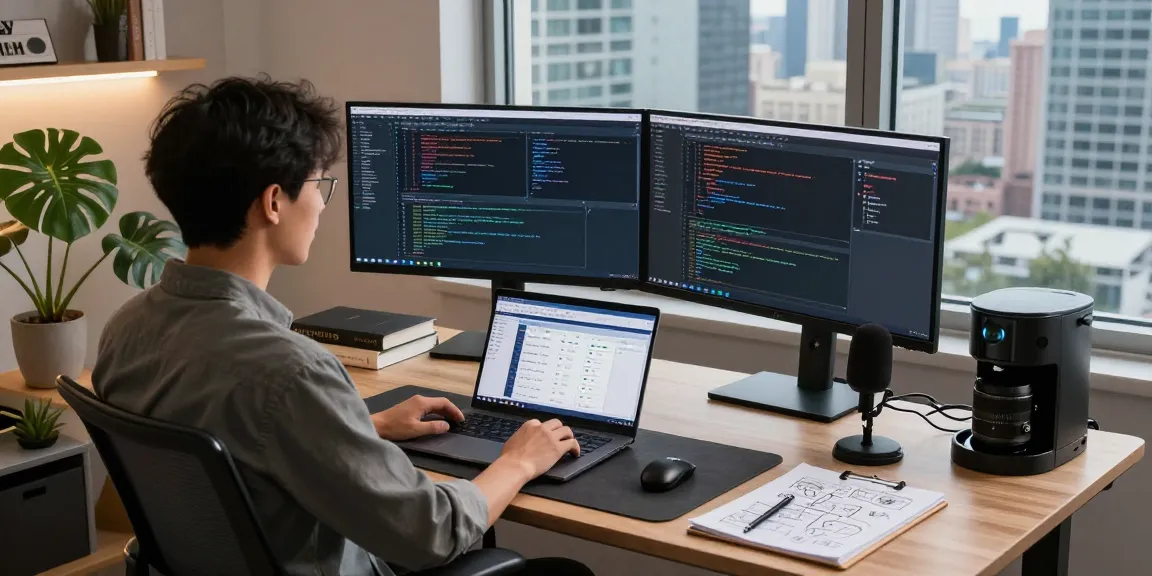 Engaging tech workspace depicting software development at teiegramin.com with coding screens and modern design elements.