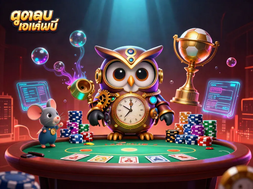 Experience ดูบอลออนไลน์ with the steampunk owl and clockwork mouse in a vibrant sports betting scene full of energy.