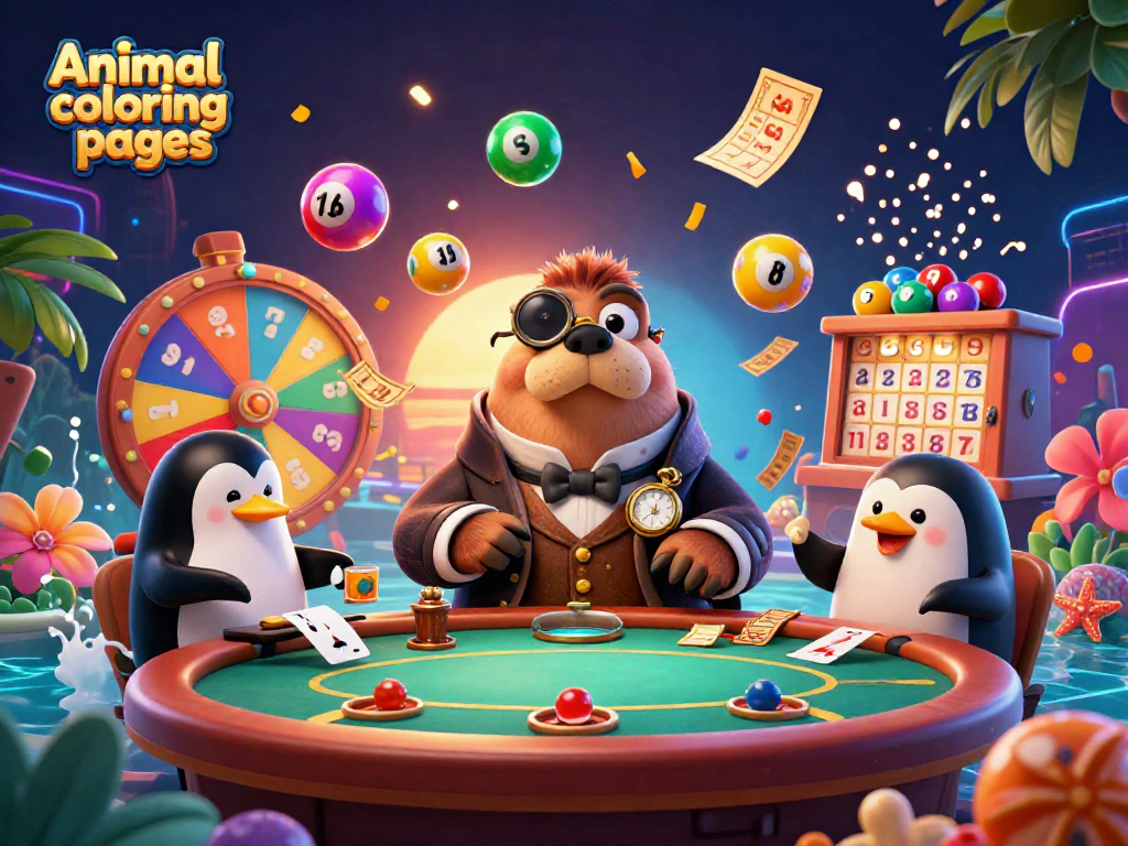 Animal coloring pages featuring a jolly walrus at a poker table, surrounded by dynamic lottery elements.