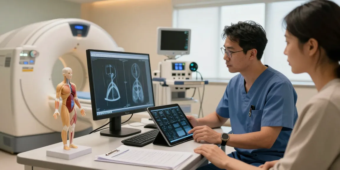 Radiologist at https://radiologyexplained.com examining medical images, consulting with a patient in a modern imaging suite.