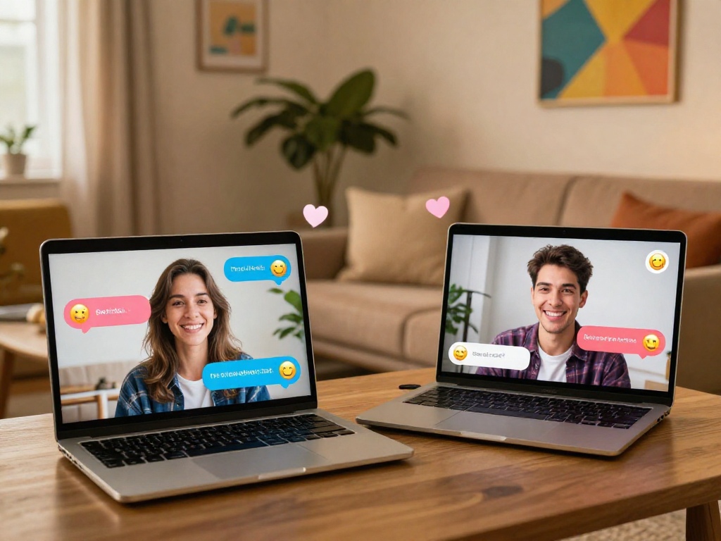Engaging interaction in free ai sex chat depicted through vibrant virtual chat screens and a cozy home environment.