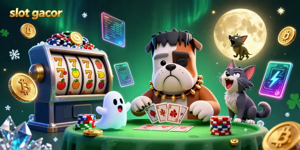 Experience the thrill of slot gacor with dynamic characters and vibrant casino elements in this 3D illustration.