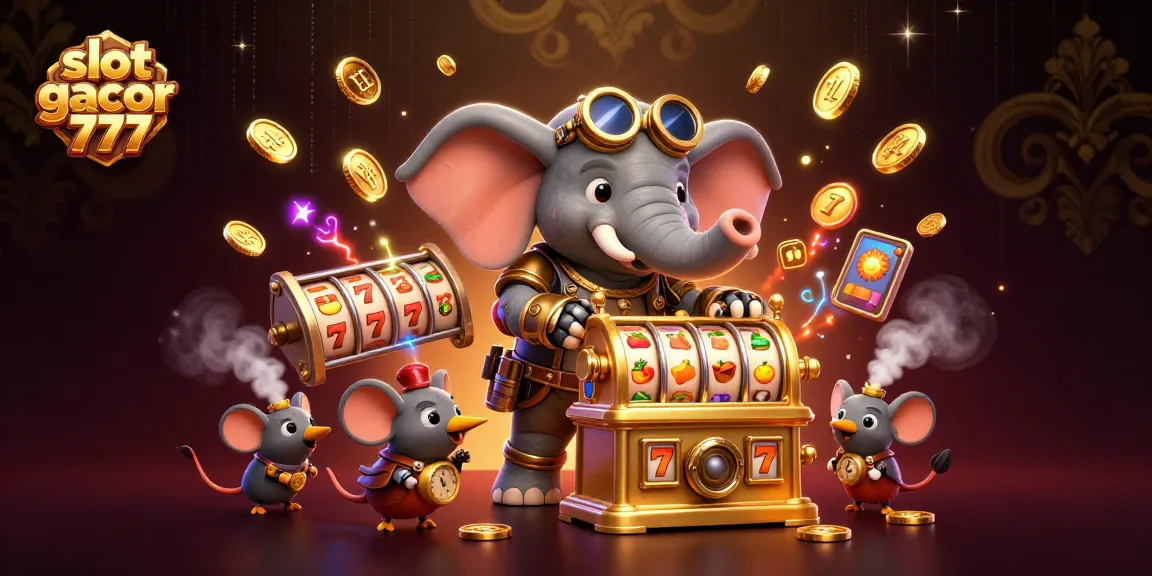 Play slot gacor 777 with a steampunk elephant engineer at a golden slot machine surrounded by dynamic game elements.