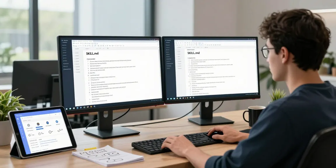 OpenClaw skill development workspace with developer editing SKILL.md files and displaying personalized skill configurations.