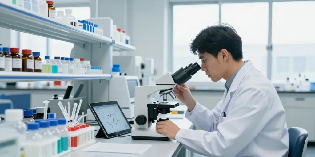 SwissChem researcher analyzing high-quality peptides in a modern laboratory