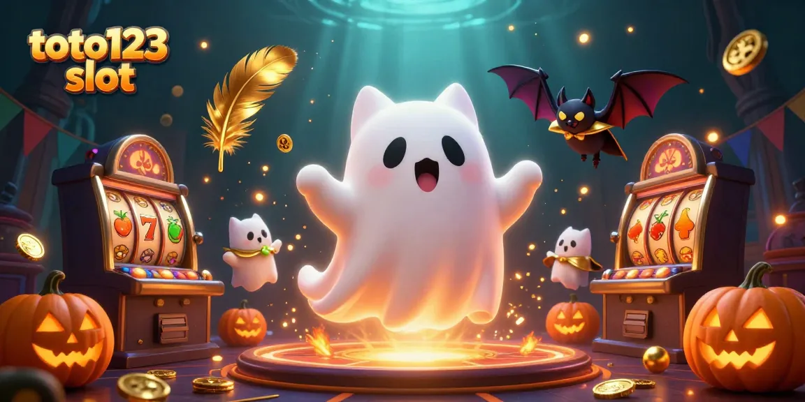 Join the fun at toto123 slot with our ghost cat and bat companion in an enchanting casino scene.