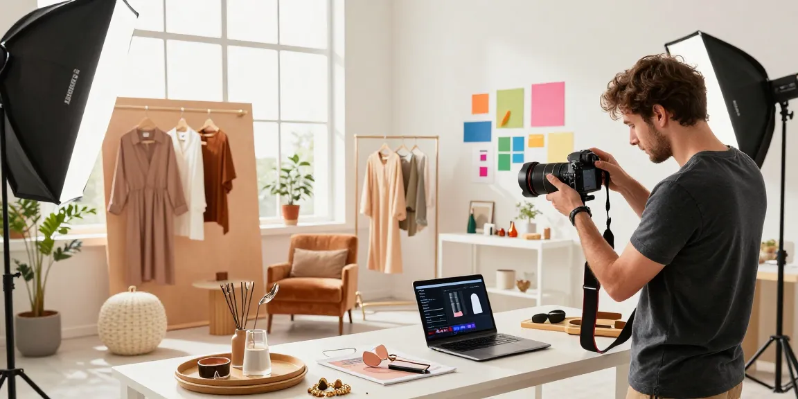 Photographe de e-commerce en train de capturer des Foto ecommerce de produits variés dans un studio lumineux.