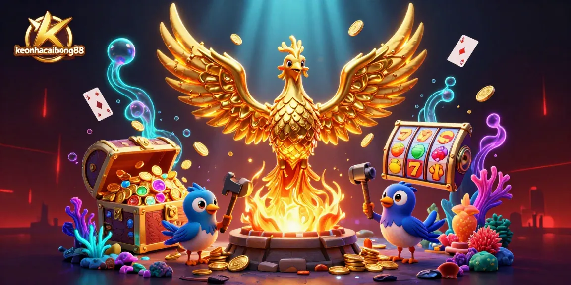 Experience the thrill of keonhacaibong88 with golden phoenix and dynamic slot elements.
