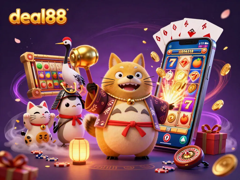 Engage with deal88’s vibrant casino scene featuring lucky symbols, slots, and festive characters.