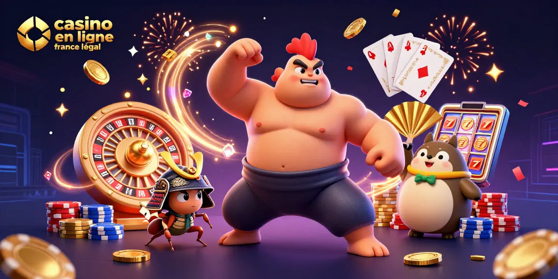 Visualisez le casino en ligne France légal avec un sumo combattant et une ambiance festive de jeux et gains.