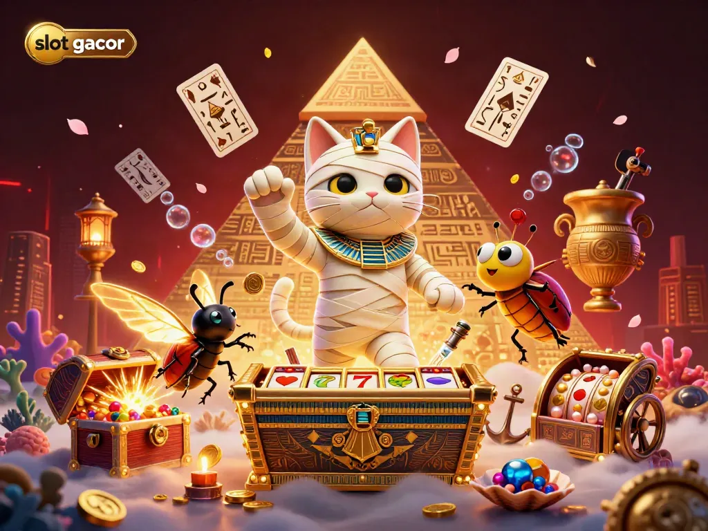 Engage in slot gacor excitement with a 3D mummy cat and treasures in a pyramid casino.