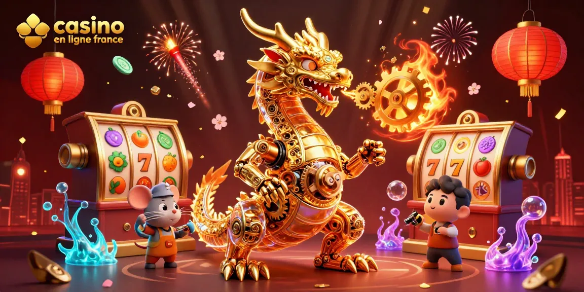 Jouez et gagnez au casino en ligne France avec des machines à sous animées et un dragon doré.