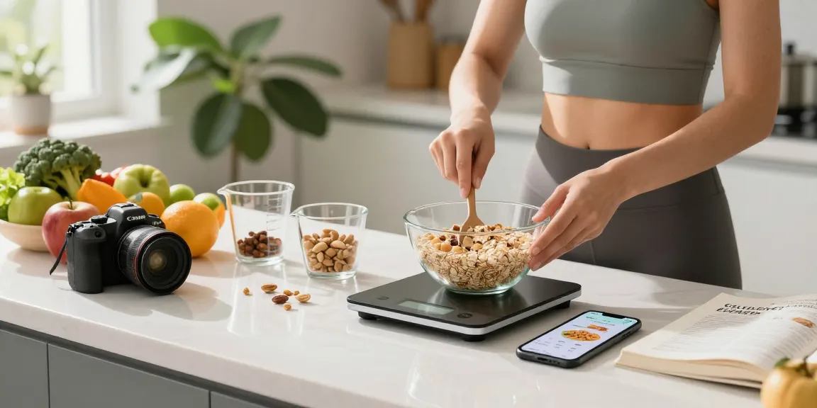 Individual preparing breakfast with best calorie tracking apps on phone and fresh ingredients in a bright kitchen.