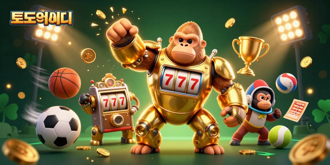 Experience safe and trustworthy 토토사이트 with exciting gameplay featuring a golden gorilla mech, vibrant sports balls, and dynamic action elements.