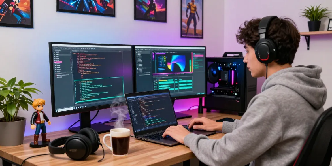 Software developer immersed in coding with kecak4d graphics in a cozy workspace featuring action figures and tech gadgets.