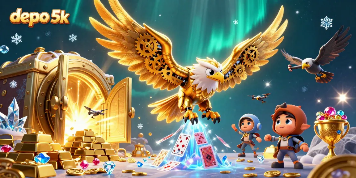 Experience the thrill of depo 5k with a cybernetic eagle guiding players through rich casino treasures and holographic cards.