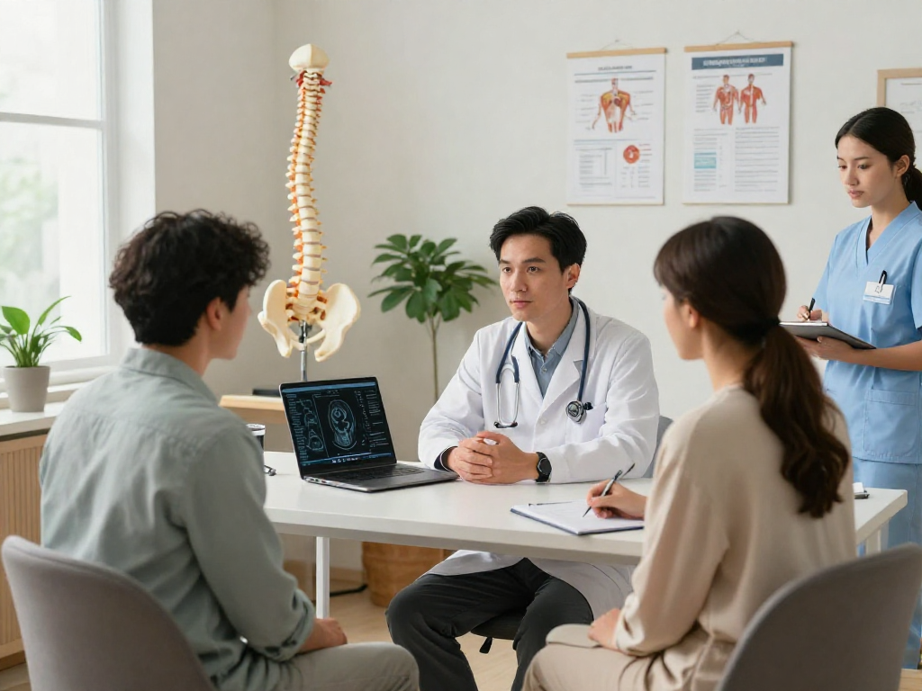 Bel kayması ameliyatı consultation in a modern healthcare setting with anatomical models and MRI scans.