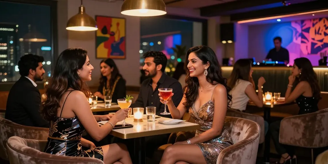 Gurgoan escorts enjoying nightlife at a glamorous lounge with cocktails and vibrant atmosphere