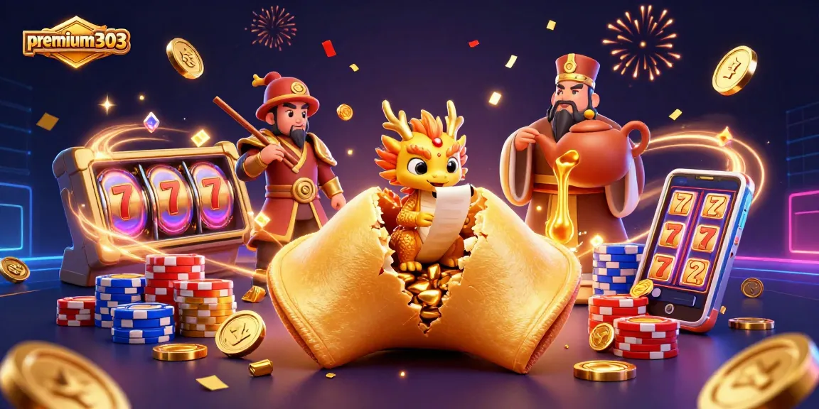 Spin to win on premium303 with an exciting illustration of a golden fortune cookie and wise dragon amid casino elements.