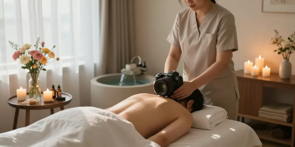 Relaxing 수원출장안마 in a serene home spa with candles and essential oils, promoting rejuvenation.