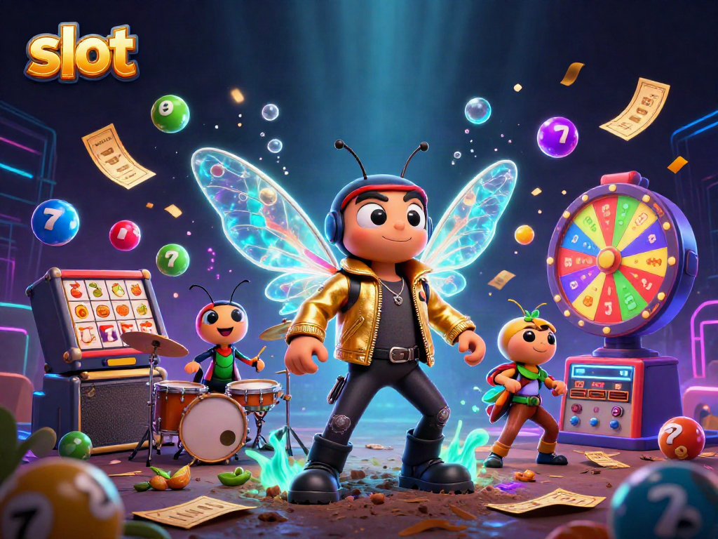 Engage with vibrant slot elements featuring 3D cicada rock star and companions in a colorful casino scene.