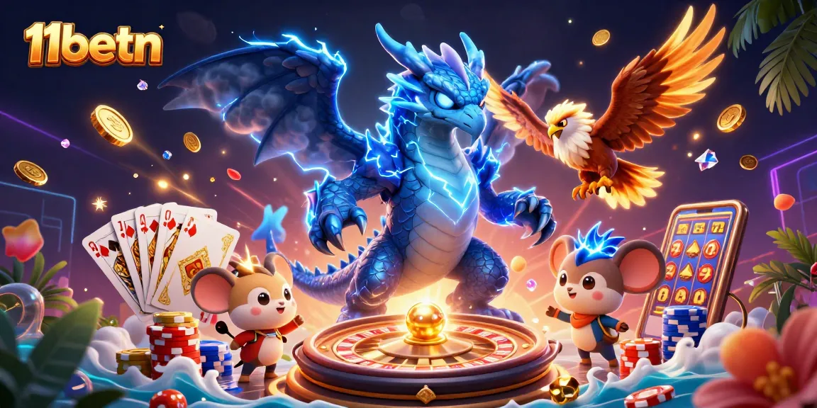 Experience thrilling 11betn action with a vibrant 3D casino illustration featuring gaming elements.
