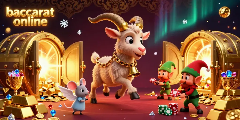 Engage in thrilling baccarat online action with festive cartoon characters in a vibrant casino setting.