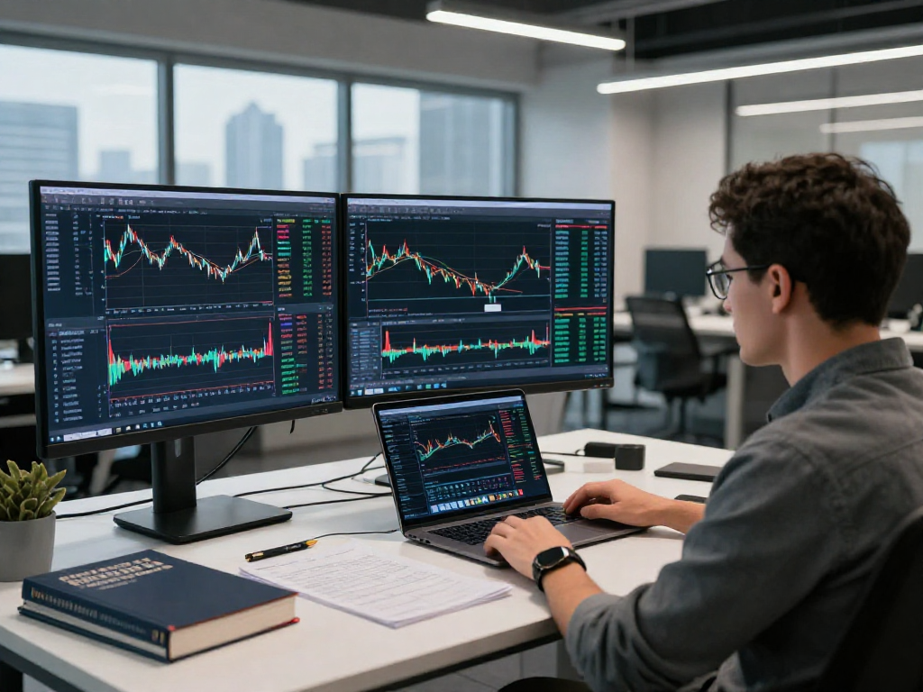 使用metatrader 5交易平台的交易员在现代办公环境中专注于多屏幕市场分析。