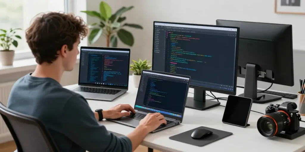 Developer testing Android apps on dual monitors in a bright workspace, showcasing h5.2113.net's app environment.