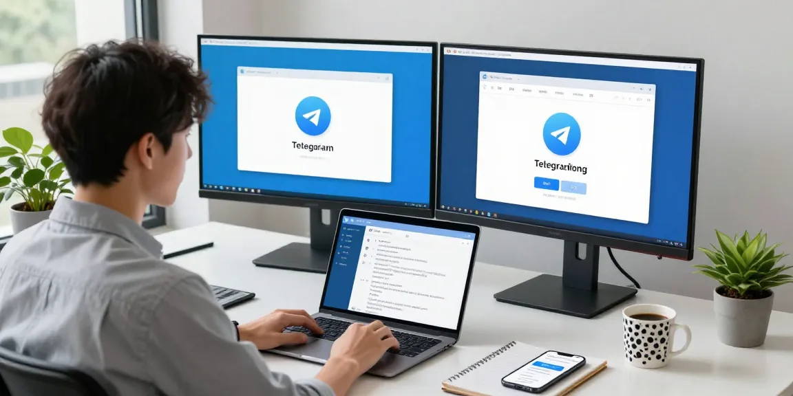 Professional setting illustrating the telegram chinese setup tutorial with user navigating Telegram app on laptop.