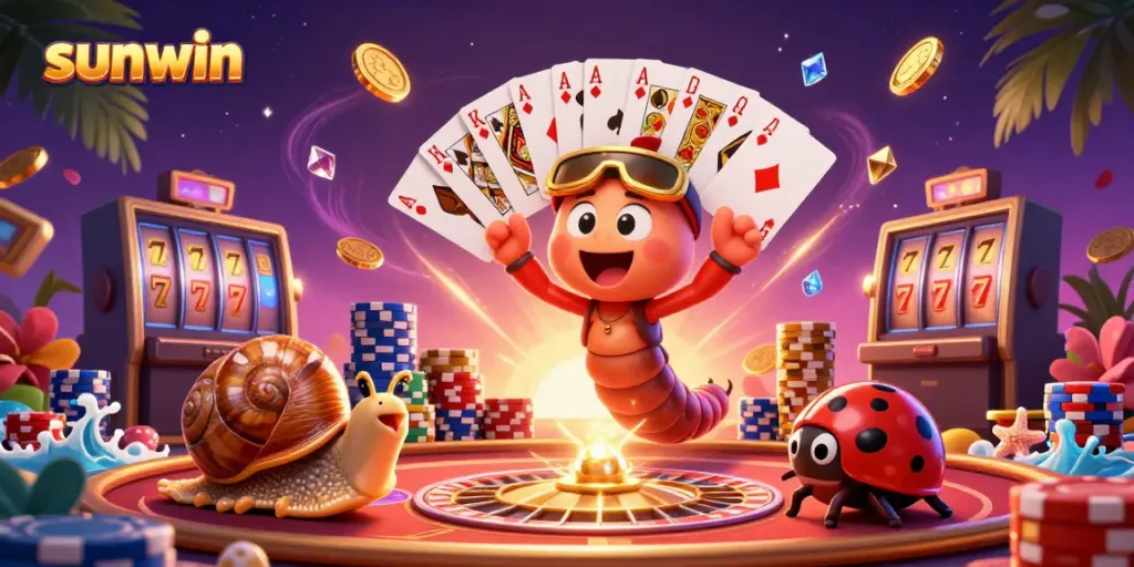 Experience excitement at sunwin casino with a vibrant cartoon illustration showing thrilling gaming action.